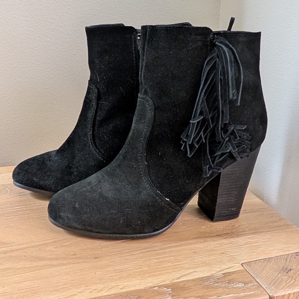 H&M Women's Black Suede Ankle Boots w/ Fringe Detail, Size 9.5